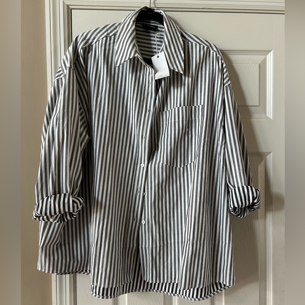 Women’s medium, oversized, gray, and white striped button-down shirt.